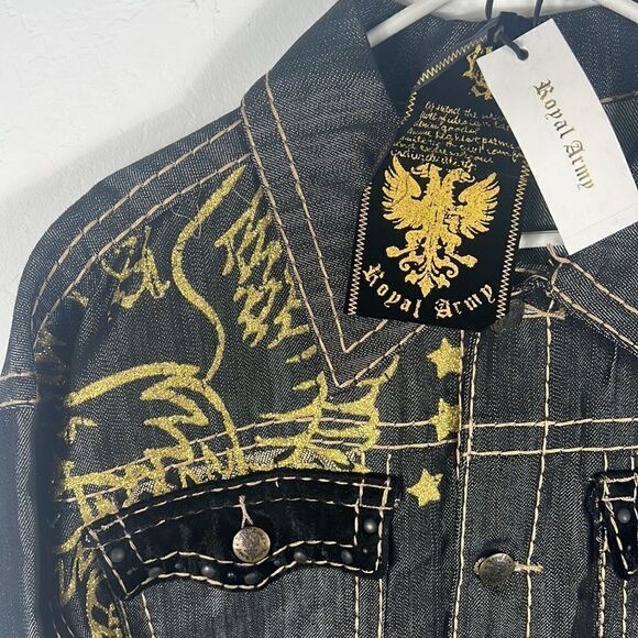 🔥🔥 “NWT” ROYAL ARMY Black Denim & Gold JACKET “Affliction Style” - Sz Large - Picture 3 of 12